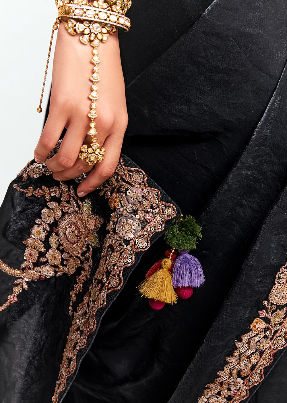 Midnight Black Embellished Tissue Saree with Sequins and Thread Work
