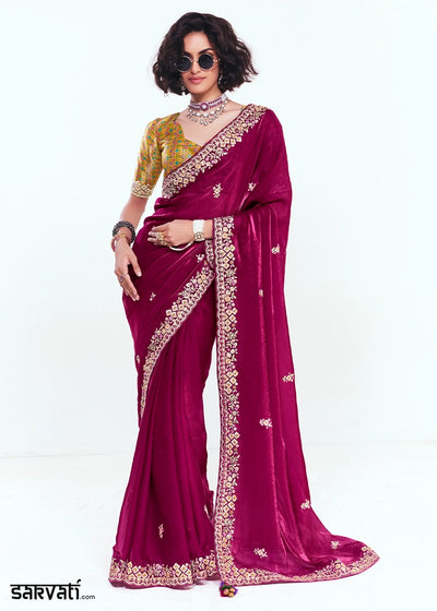 Magenta Pink Embellished Tissue Saree with Sequins and Thread Work