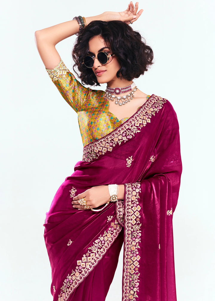 Magenta Pink Embellished Tissue Saree with Sequins and Thread Work