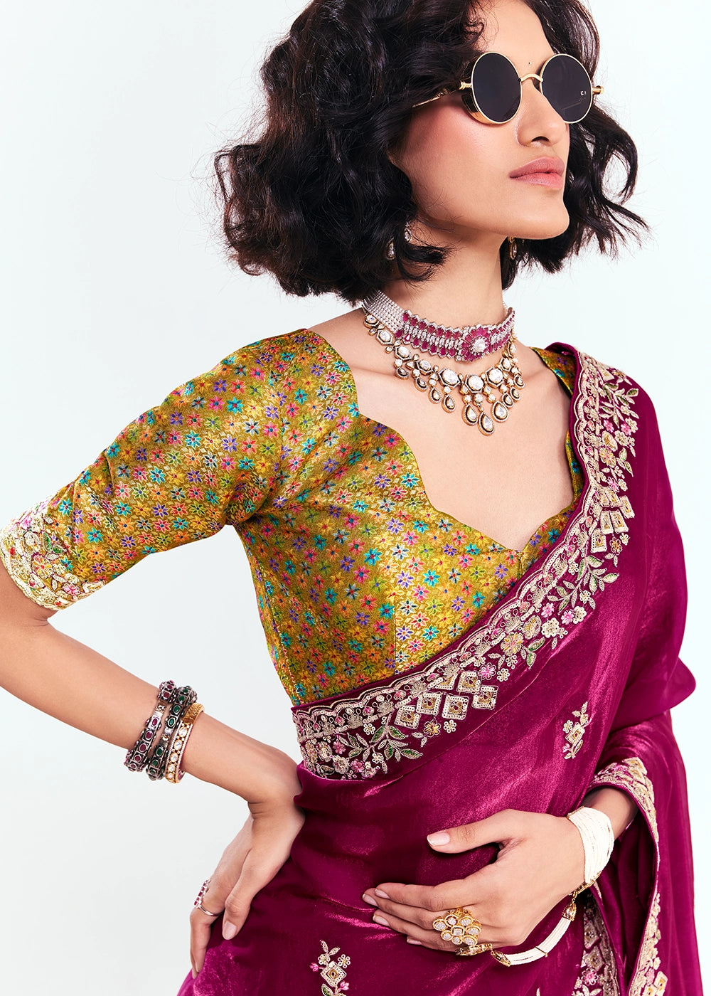 Magenta Pink Embellished Tissue Saree with Sequins and Thread Work