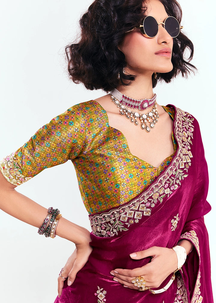 Magenta Pink Embellished Tissue Saree with Sequins and Thread Work