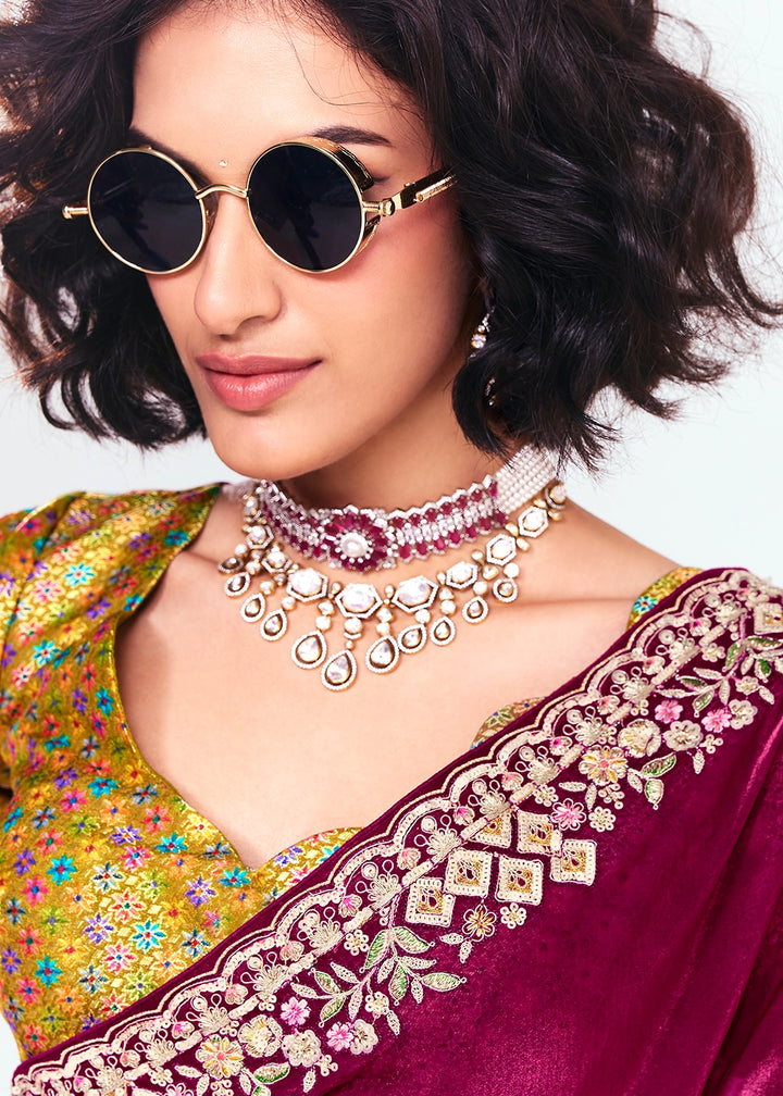 Magenta Pink Embellished Tissue Saree with Sequins and Thread Work