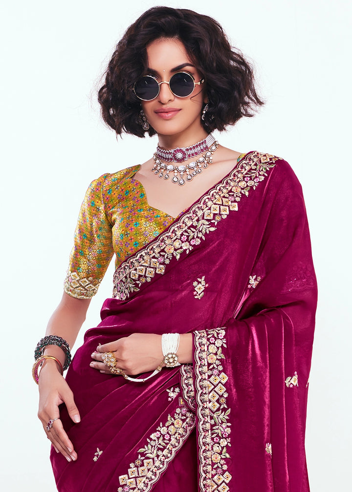Magenta Pink Embellished Tissue Saree with Sequins and Thread Work