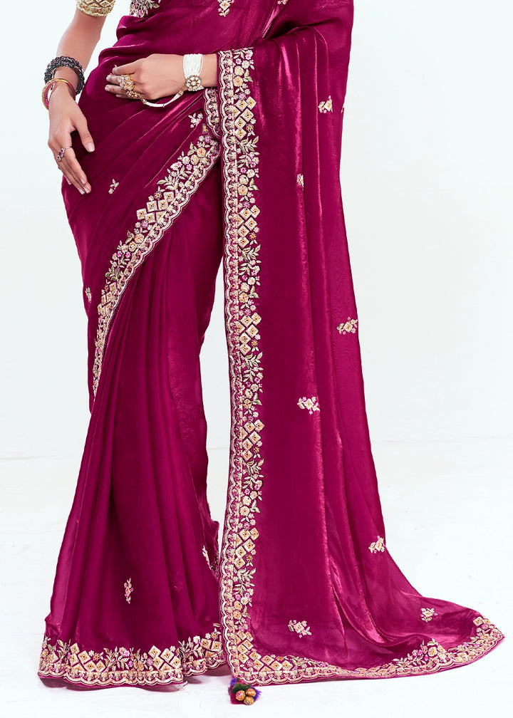 Magenta Pink Embellished Tissue Saree with Sequins and Thread Work