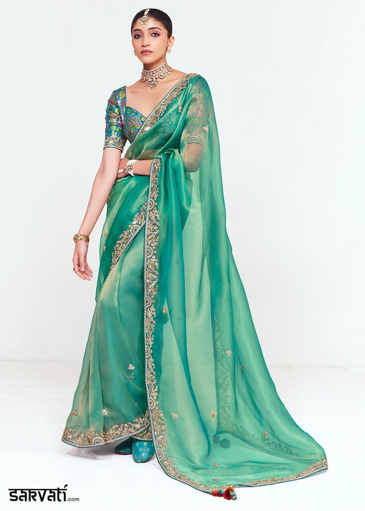 Mint Green Embellished Tissue Saree with Sequins and Thread Work