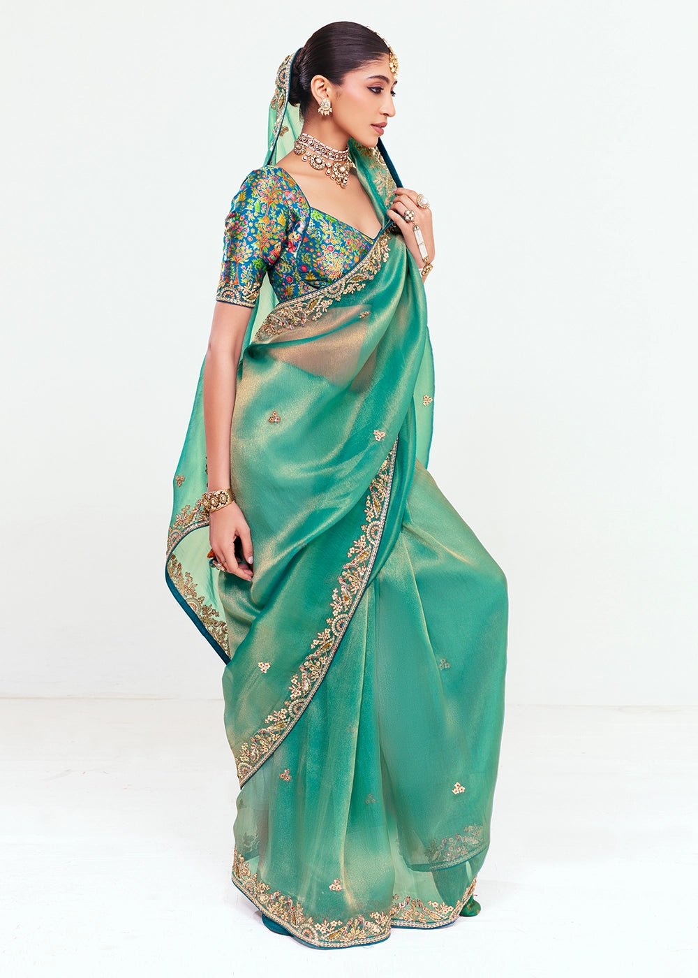 Mint Green Embellished Tissue Saree with Sequins and Thread Work
