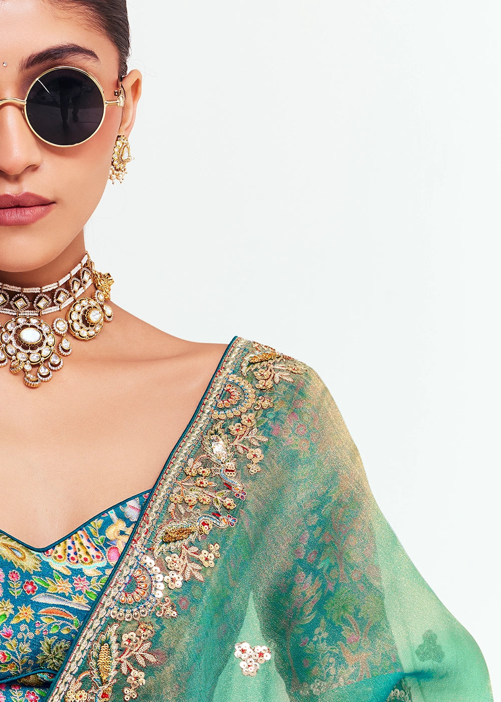 Mint Green Embellished Tissue Saree with Sequins and Thread Work