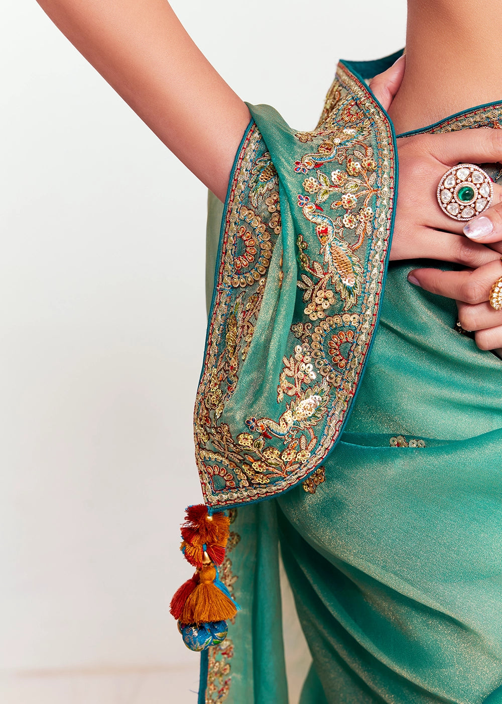 Mint Green Embellished Tissue Saree with Sequins and Thread Work