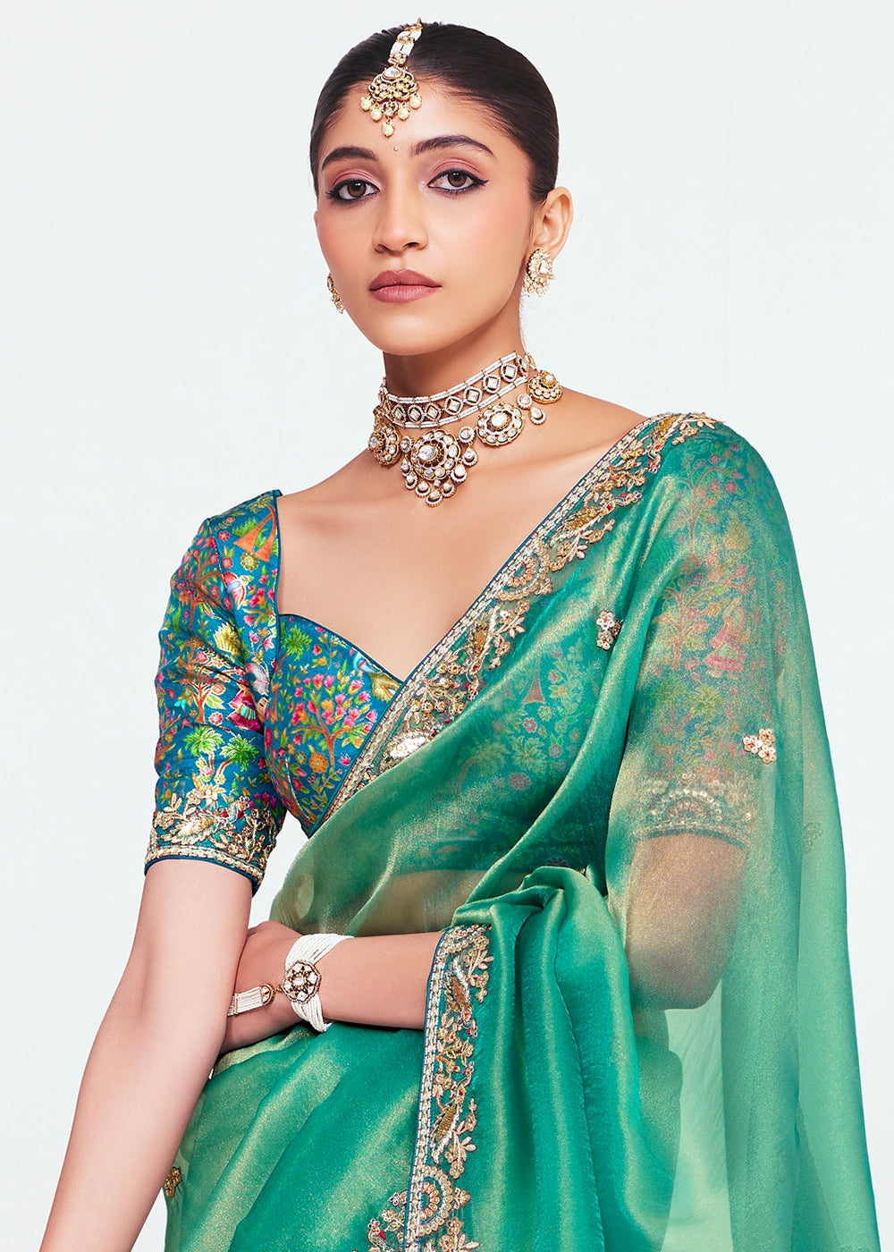 Mint Green Embellished Tissue Saree with Sequins and Thread Work