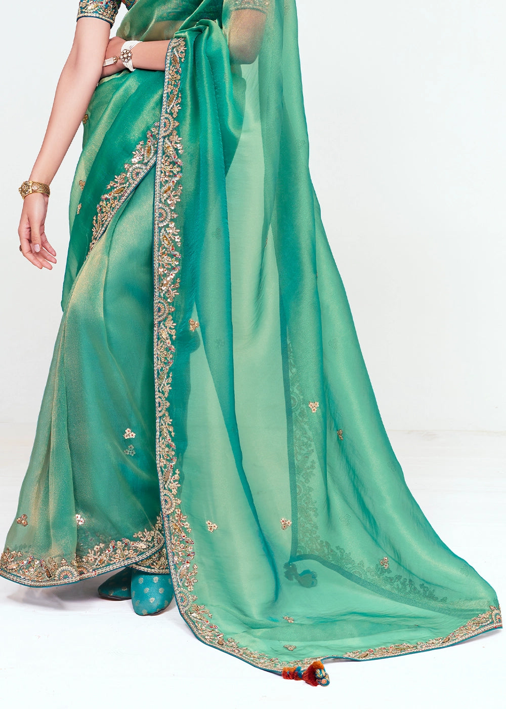 Mint Green Embellished Tissue Saree with Sequins and Thread Work
