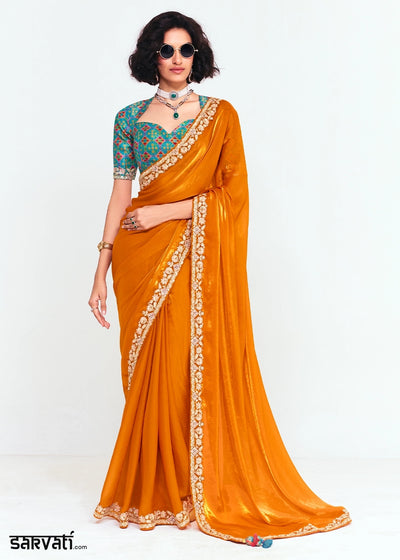 Tangerine Orange Embellished Tissue Saree with Sequins and Thread Work