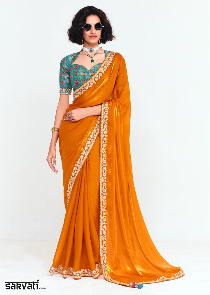 Tangerine Orange Embellished Tissue Saree with Sequins and Thread Work