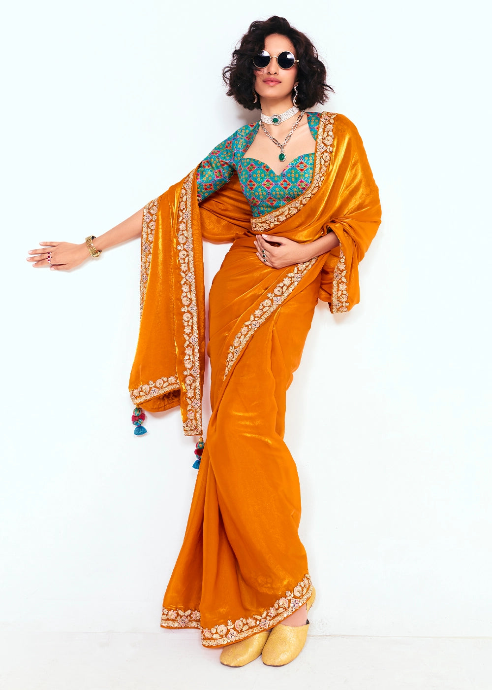 Tangerine Orange Embellished Tissue Saree with Sequins and Thread Work