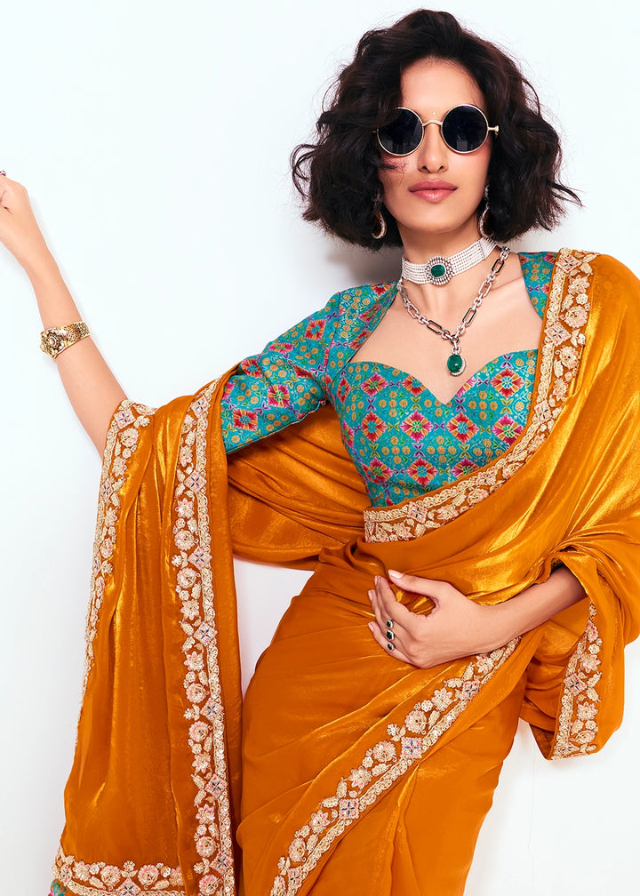 Tangerine Orange Embellished Tissue Saree with Sequins and Thread Work