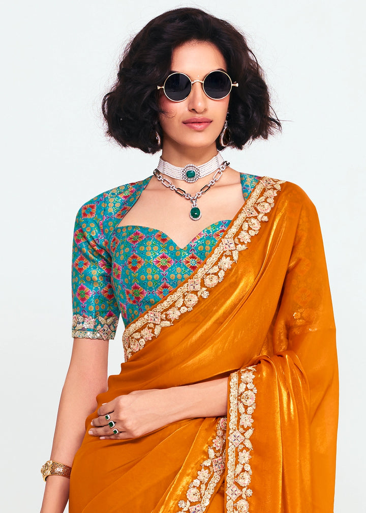 Tangerine Orange Embellished Tissue Saree with Sequins and Thread Work