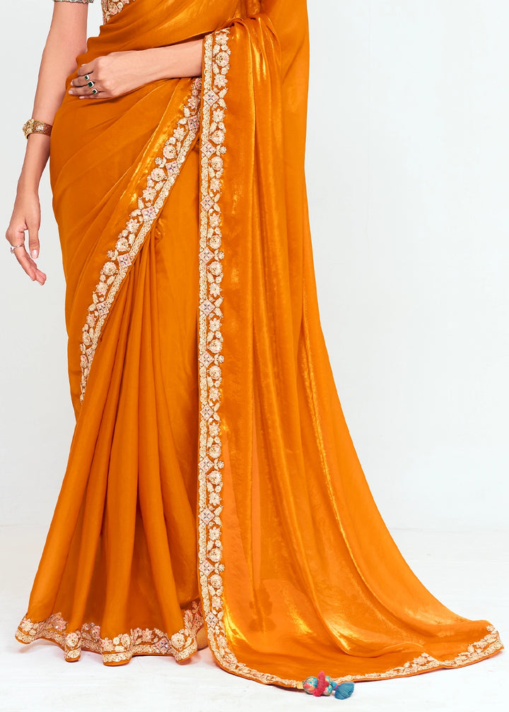 Tangerine Orange Embellished Tissue Saree with Sequins and Thread Work