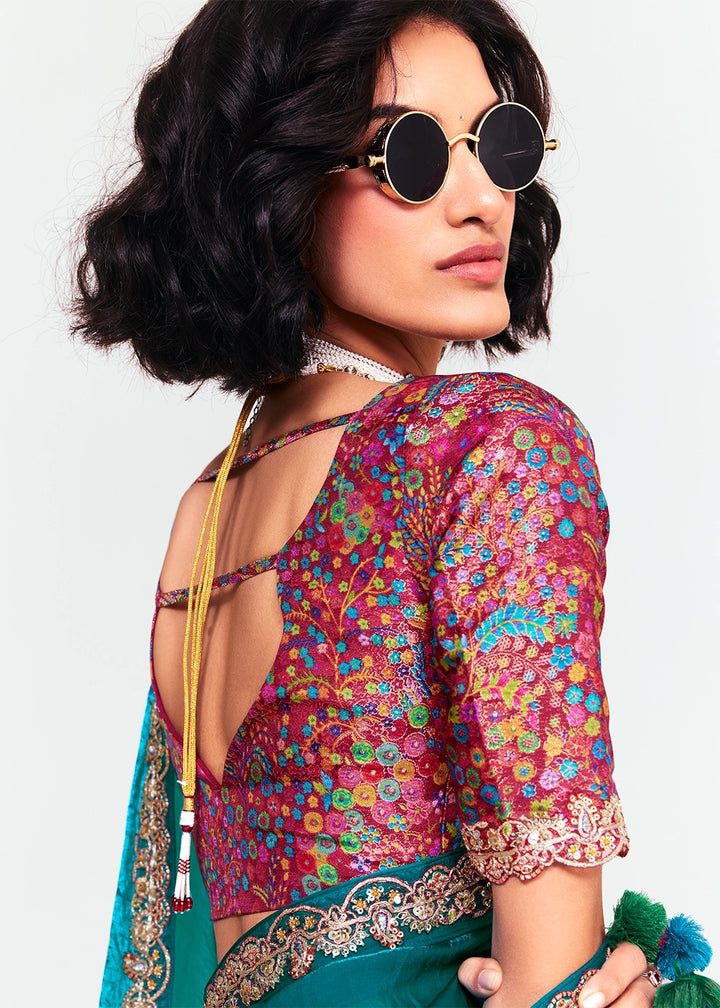 Celadon Blue Embellished Tissue Saree with Sequins and Thread Work