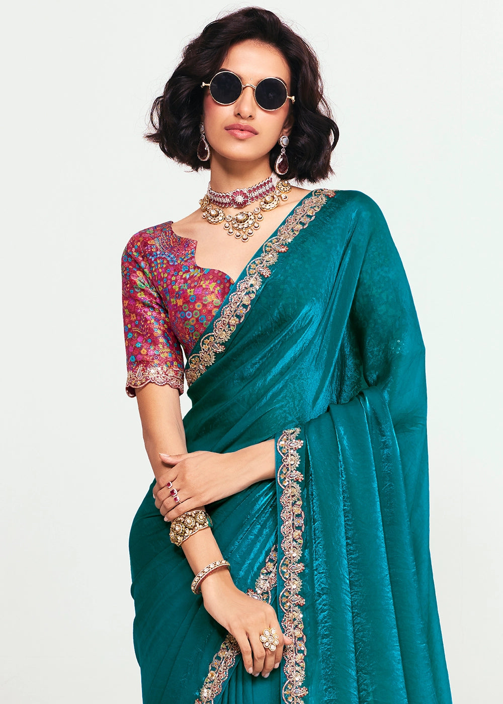 Celadon Blue Embellished Tissue Saree with Sequins and Thread Work