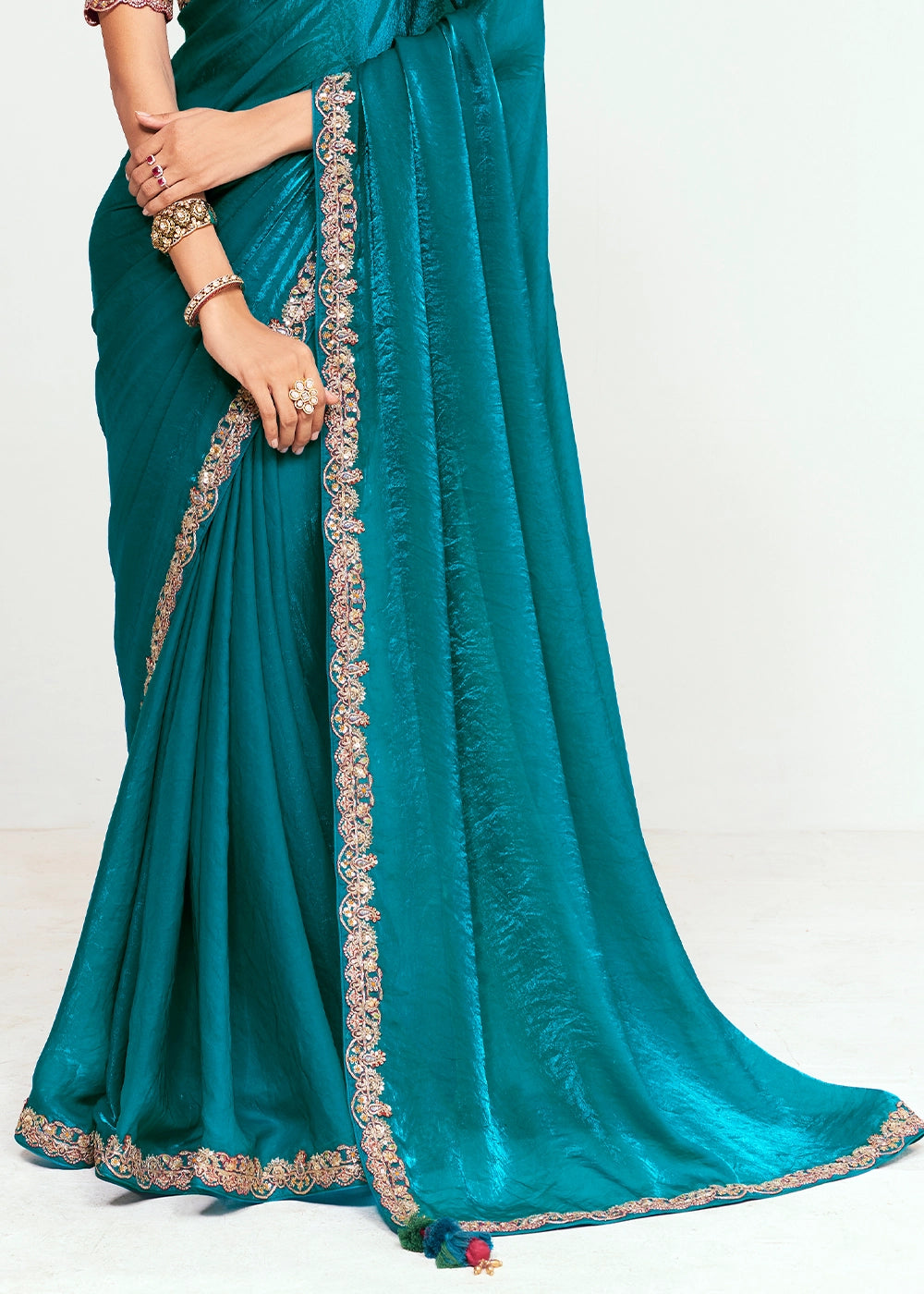 Celadon Blue Embellished Tissue Saree with Sequins and Thread Work