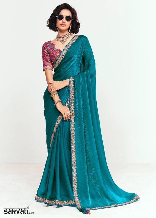 Celadon Blue Embellished Tissue Saree with Sequins and Thread Work