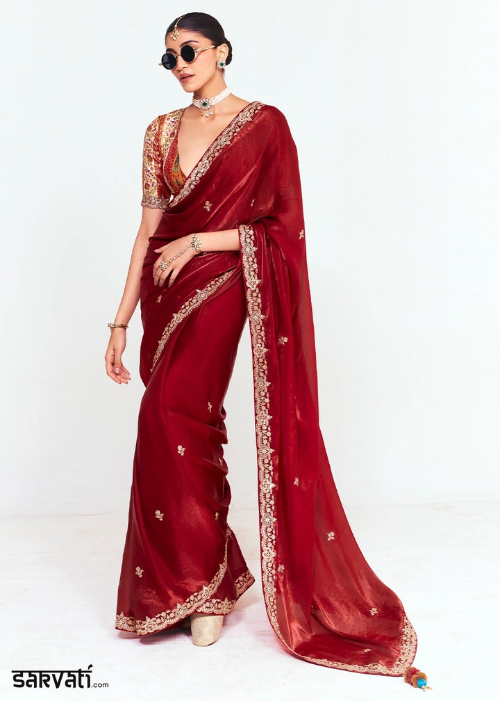 Maroon Red Embellished Tissue Saree with Sequins and Thread Work