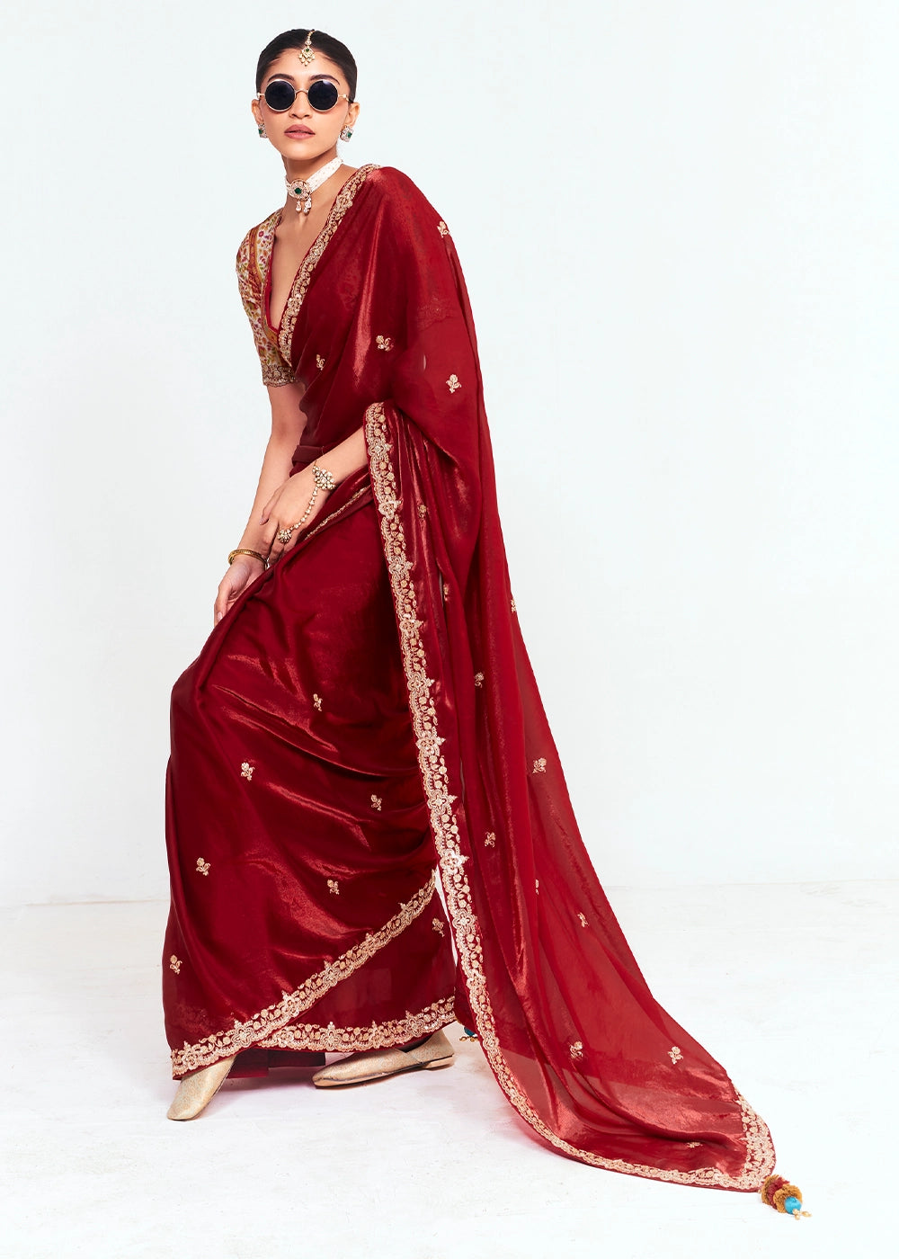 Maroon Red Embellished Tissue Saree with Sequins and Thread Work