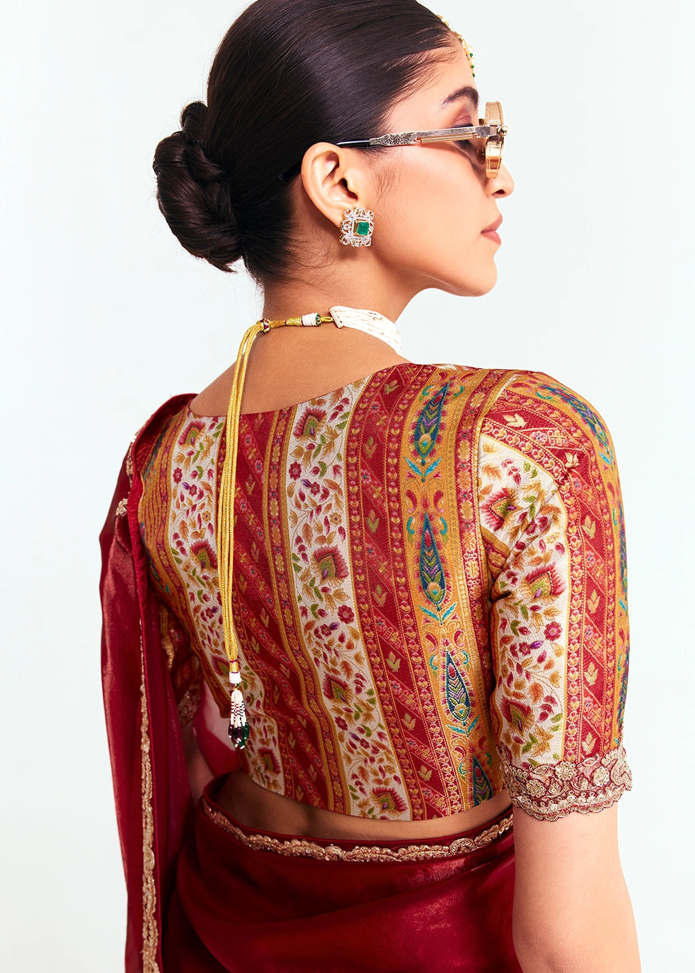 Maroon Red Embellished Tissue Saree with Sequins and Thread Work