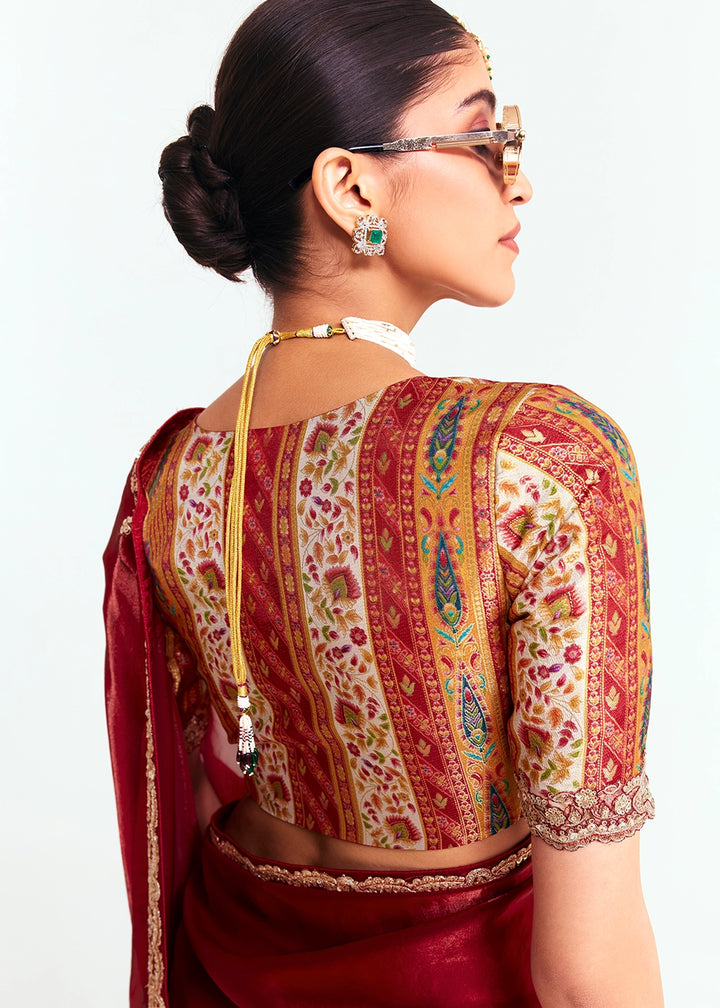 Maroon Red Embellished Tissue Saree with Sequins and Thread Work