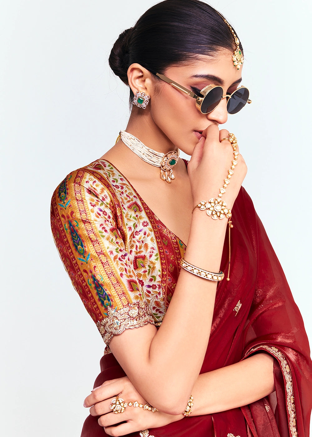Maroon Red Embellished Tissue Saree with Sequins and Thread Work