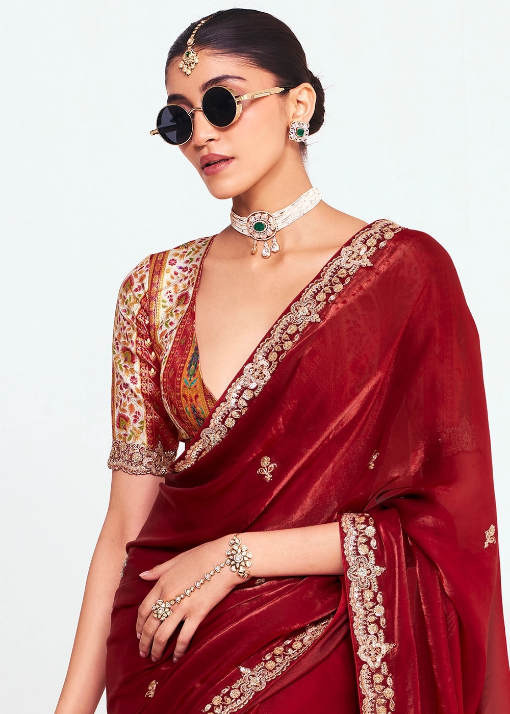 Maroon Red Embellished Tissue Saree with Sequins and Thread Work