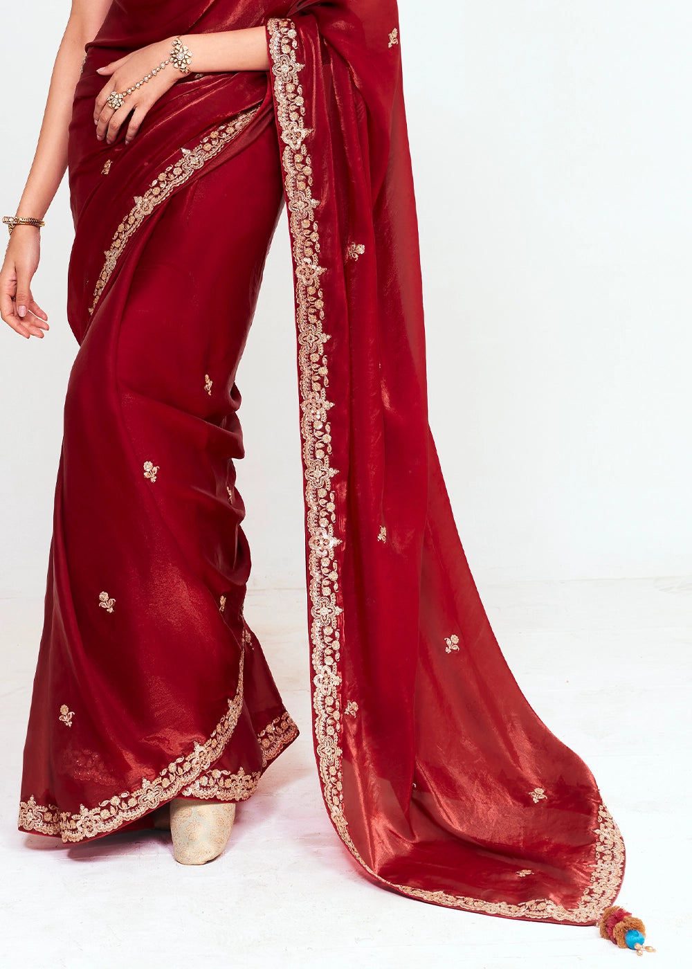 Maroon Red Embellished Tissue Saree with Sequins and Thread Work