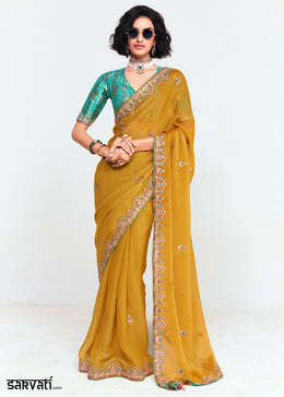 Mustard Yellow Embellished Tissue Saree with Sequins and Thread Work