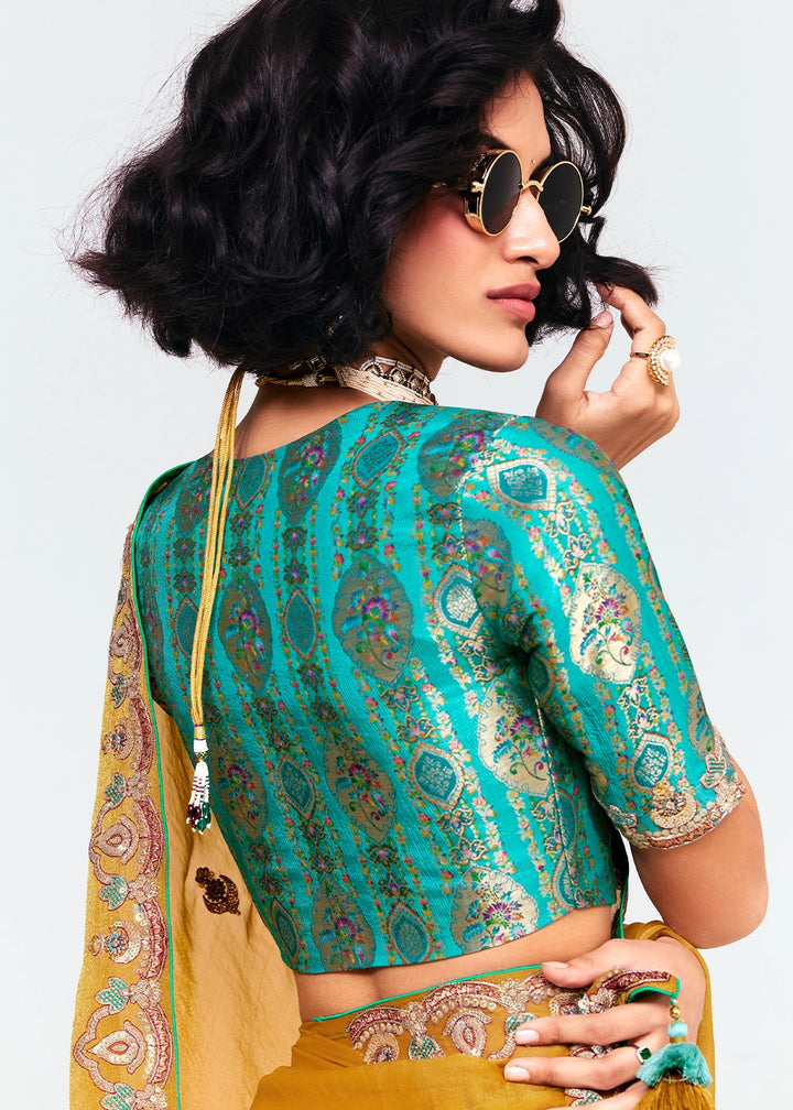 Mustard Yellow Embellished Tissue Saree with Sequins and Thread Work