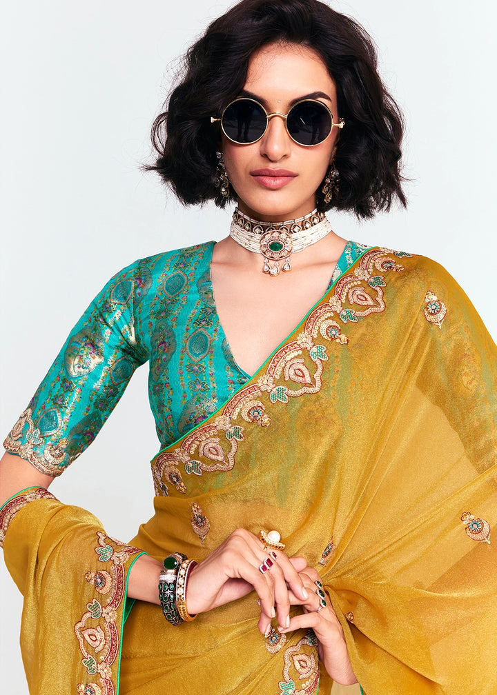 Mustard Yellow Embellished Tissue Saree with Sequins and Thread Work
