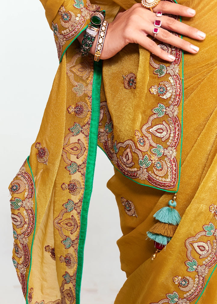Mustard Yellow Embellished Tissue Saree with Sequins and Thread Work
