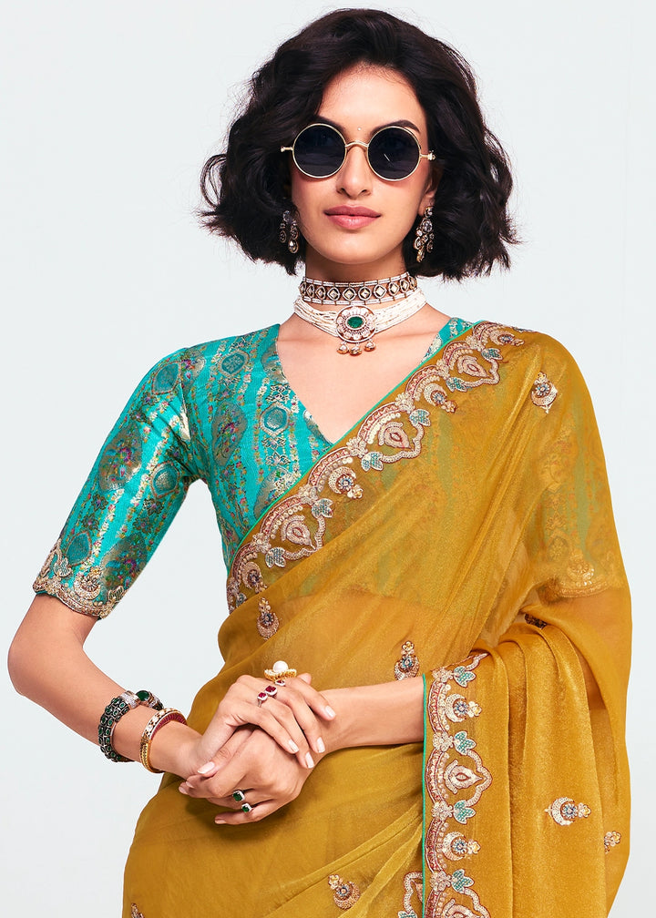 Mustard Yellow Embellished Tissue Saree with Sequins and Thread Work