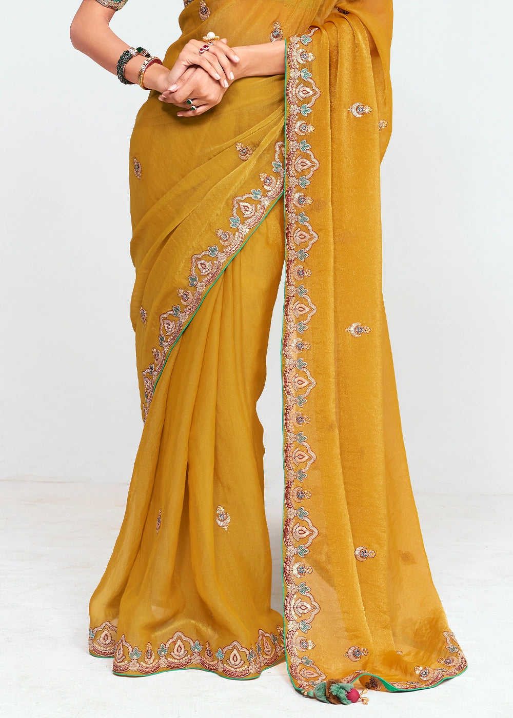 Mustard Yellow Embellished Tissue Saree with Sequins and Thread Work