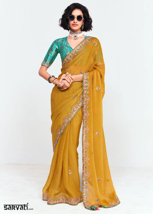 Mustard Yellow Embellished Tissue Saree with Sequins and Thread Work