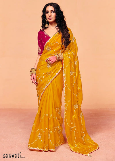 Chrome Yellow Designer Organza Satin Embellished Saree