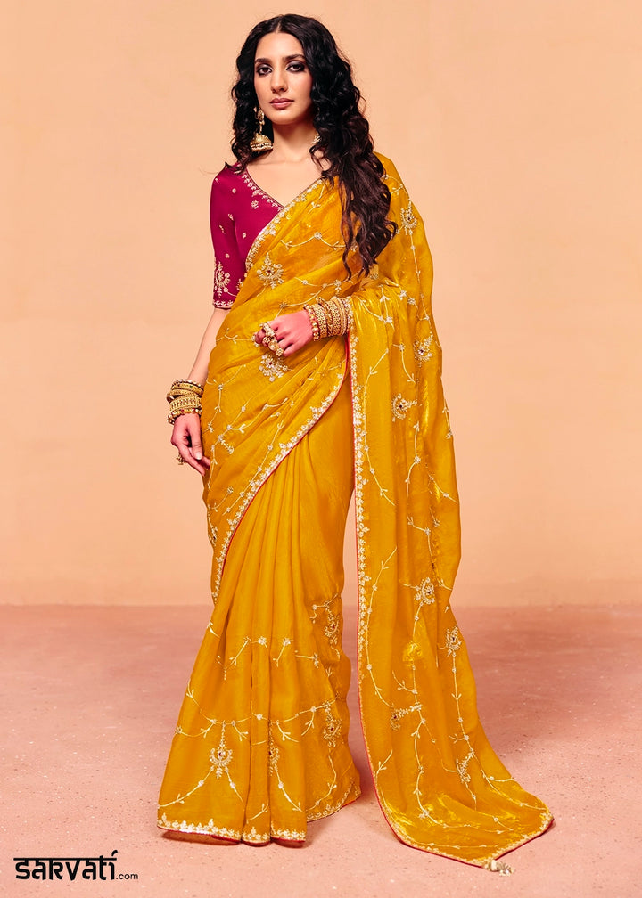 Chrome Yellow Designer Organza Satin Embellished Saree