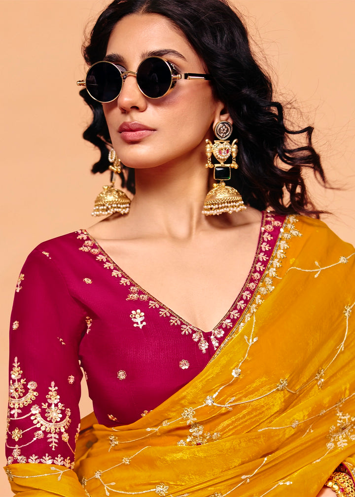 Chrome Yellow Designer Organza Satin Embellished Saree