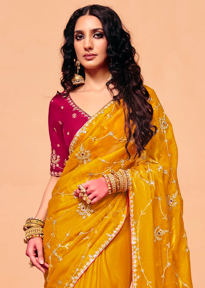 Chrome Yellow Designer Organza Satin Embellished Saree
