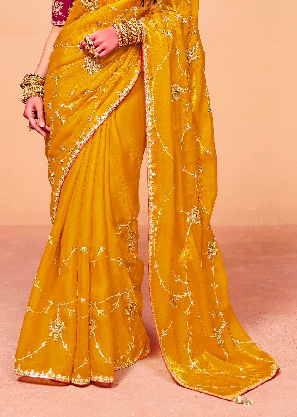 Chrome Yellow Designer Organza Satin Embellished Saree