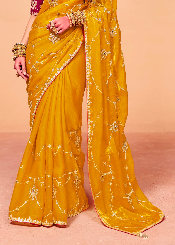 Chrome Yellow Designer Organza Satin Embellished Saree