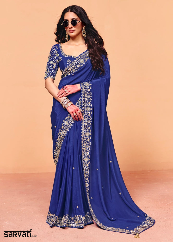 Azure Blue Designer Satin Embellished Saree