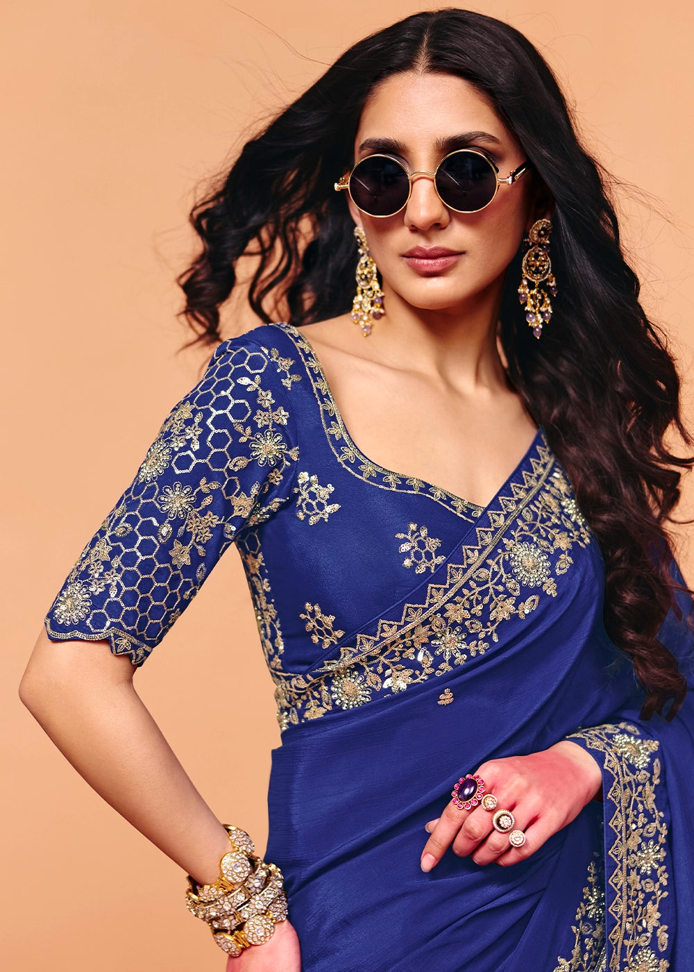 Azure Blue Designer Satin Embellished Saree