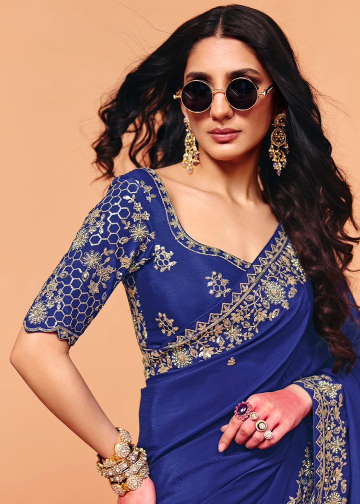 Azure Blue Designer Satin Embellished Saree