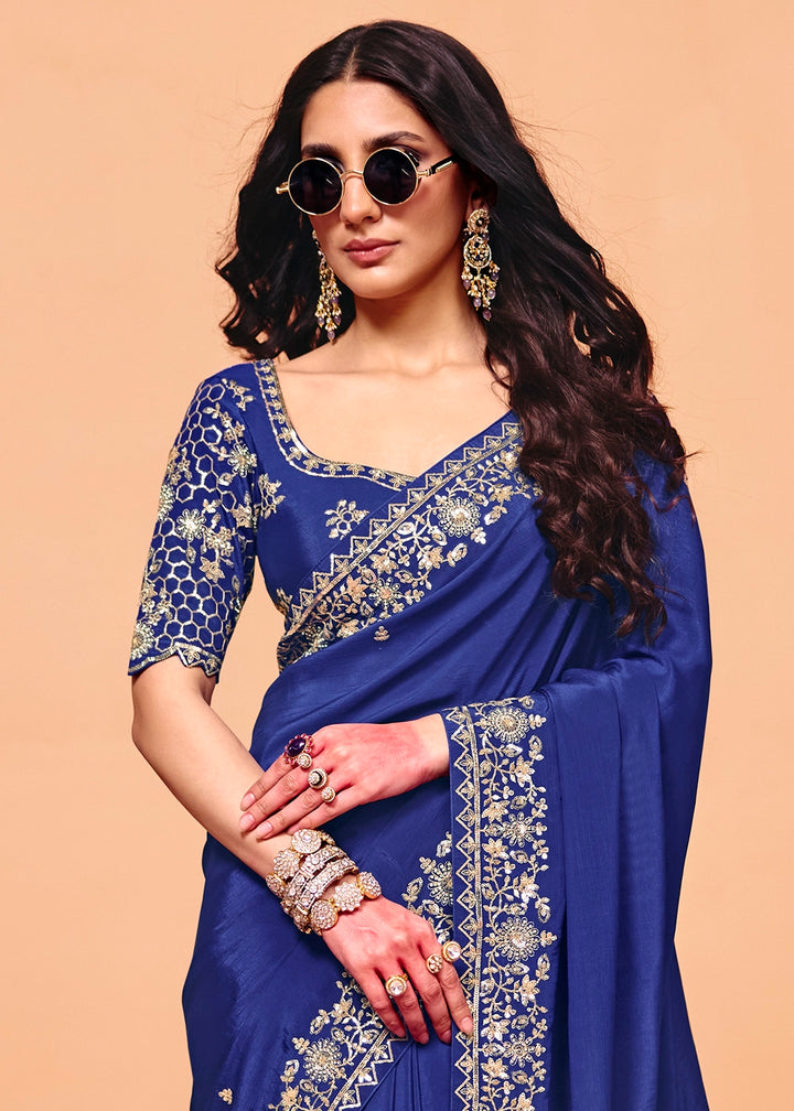 Azure Blue Designer Satin Embellished Saree