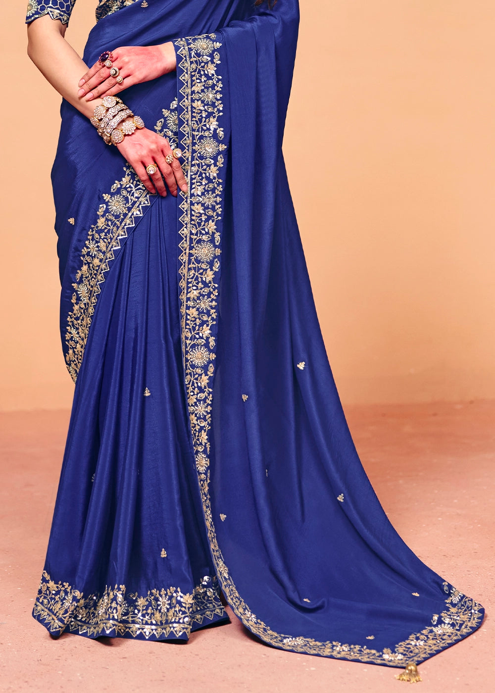 Azure Blue Designer Satin Embellished Saree