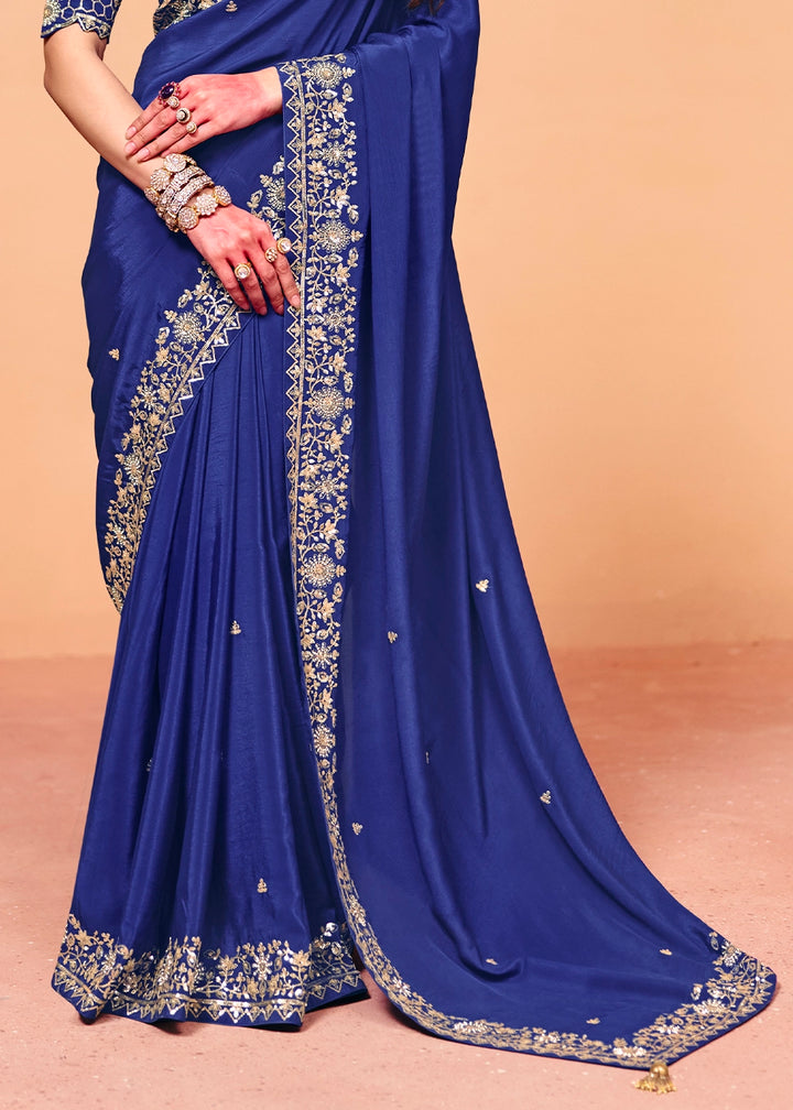 Azure Blue Designer Satin Embellished Saree